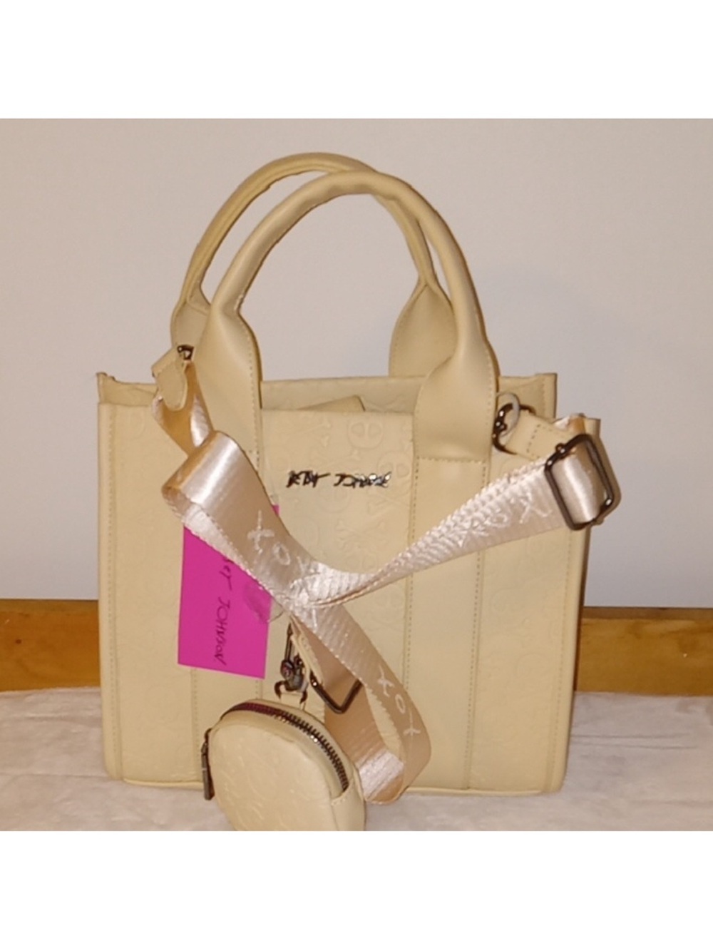 Betsey Johnson Cream Skull and Cross Bones Tote with Removable Strap and Pouch